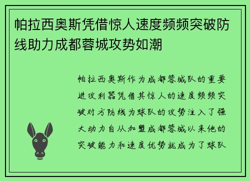 帕拉西奥斯凭借惊人速度频频突破防线助力成都蓉城攻势如潮